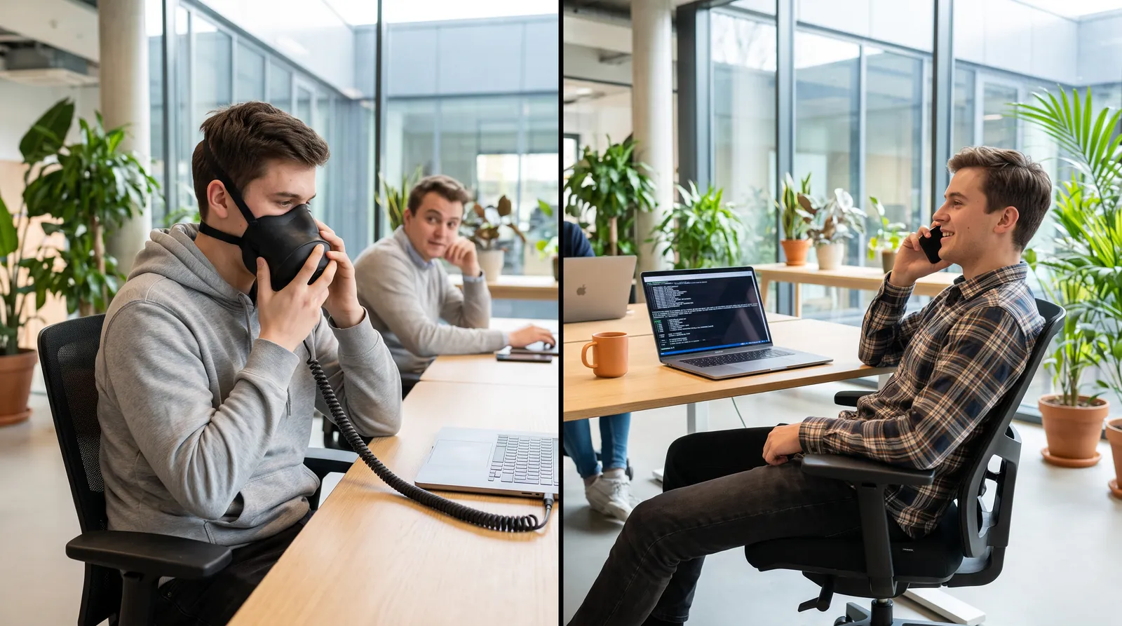 Left: a developer holding a soundproof mic mask over his mouth at his desk. Right: a developer leaning back, talking into his phone like a normal call.
