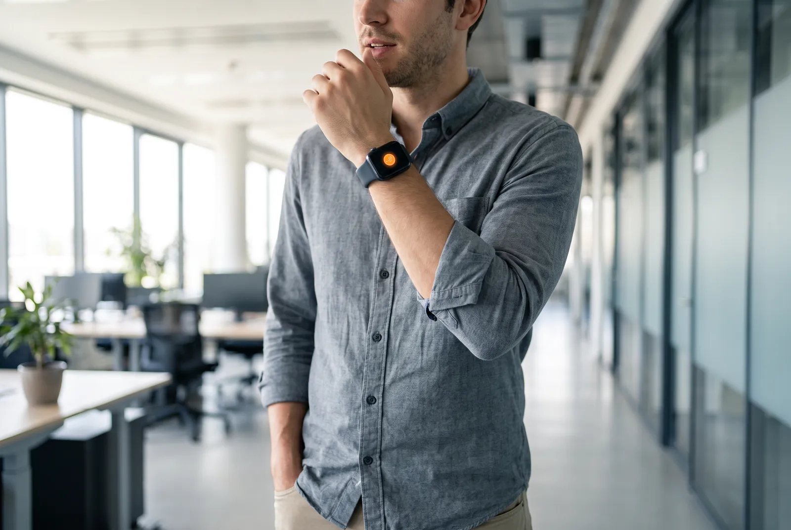 A developer walking down an office hallway, speaking toward the watch on his raised wrist, which shows a single orange button.